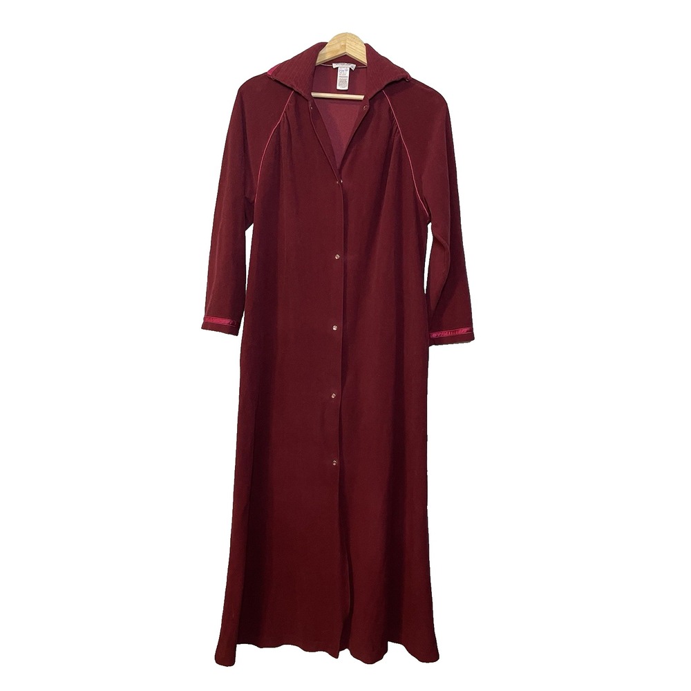 Vanity Fair Velour Robe Womens Small Burgundy Red Pearl Snap Cozy Comfy Pocket - Picture 1 of 6